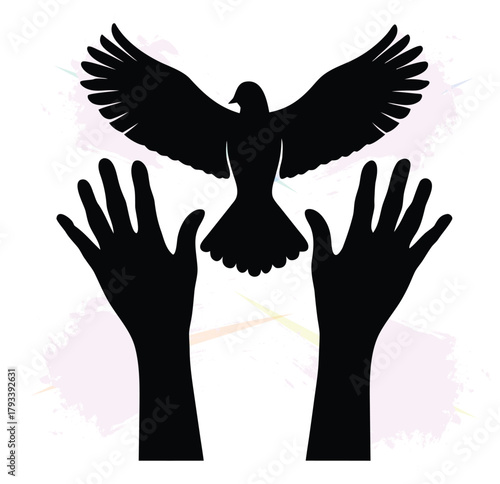 Black silhouette of a flying dove with outstretched hands expressing freedom and peace
