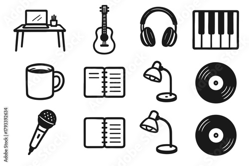 Desk lamp workspace headphones guitar mug vector disc icon music icons notebook
