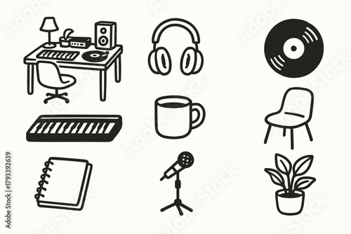 Mug stand music desk cozy chair keyboard plant notebook icon headphones vector
