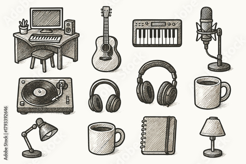Notebook cozy vector icons lamp headphones studio guitar player icon music keyboard
