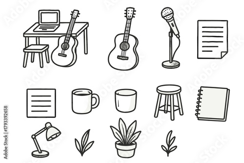 Plant sheet desk icon lamp mug guitar music icons vector workspace paper