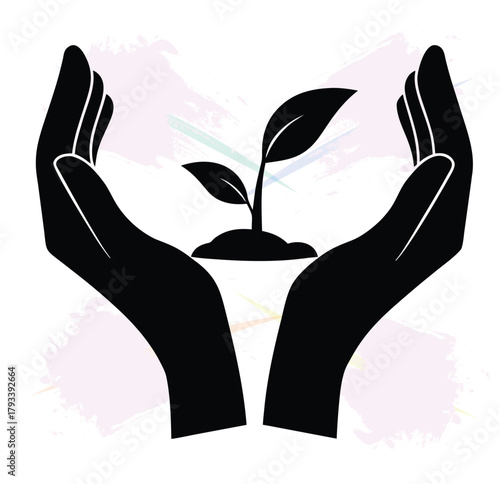 Black silhouette of hands holding a new plant for environmental protection and growth