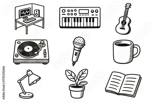 Icon plant record player mic guitar vector corner studio icons music lamp