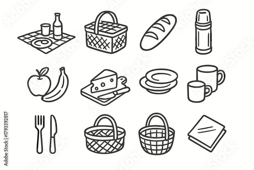 Cups vector plates loaf picnic icons dining essentials icon thermos fruits outdoor