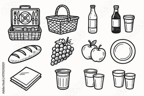 Collection vector bread icon apples plate picnic cups kit grapes drinks