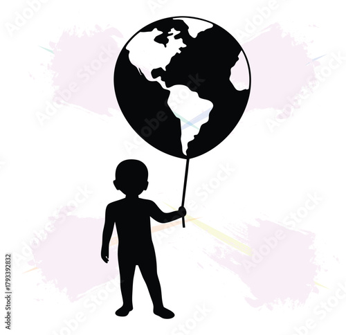 Child holding globe on stick illustration for earth day or environmental awareness campaign
