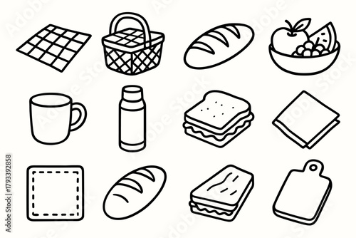 Set bowl vector thermos napkin fruit picnic sandwich gear simple icon