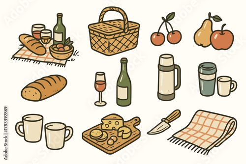 Cups board icons wine summer fruits icon picnic essentials lunch blanket vector