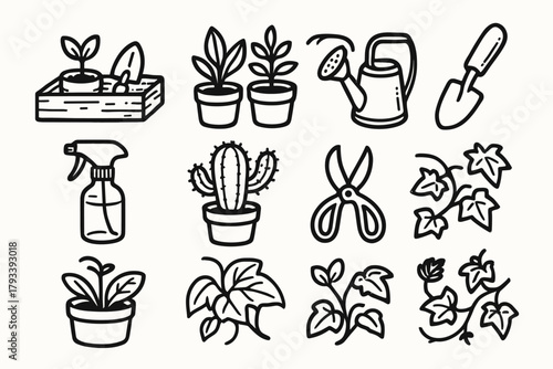 Home potted plant pruning icons vector can spray scissors kit plants icon