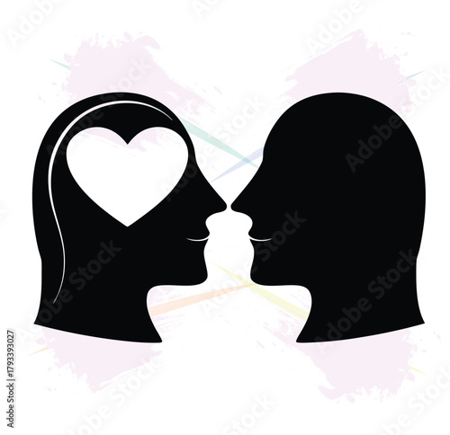 Conceptual illustration of love and connection featuring two faces in silhouette with a heart