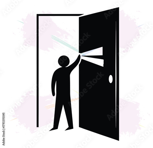 Conceptual illustration of a person knocking on an open door with radiating lines of light