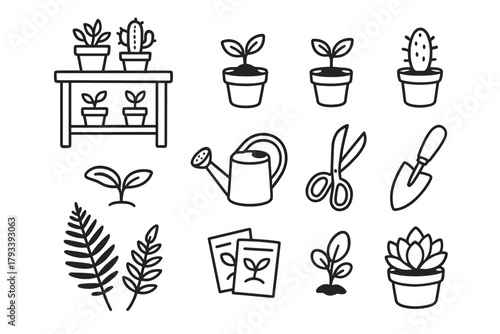 Can icon scissors workstation botanical succulent seed vector watering packets icons pots