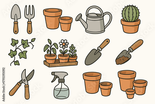 Tool can spray garden cactus scoop shears peaceful ivy vector icon terracotta
