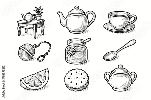 Cookie bowl infuser station sugar corner lemon icons vector honey icon tea