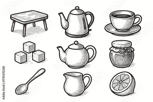 Teacup tea icon slice icons kettle spoon sugar station lemon milk vector