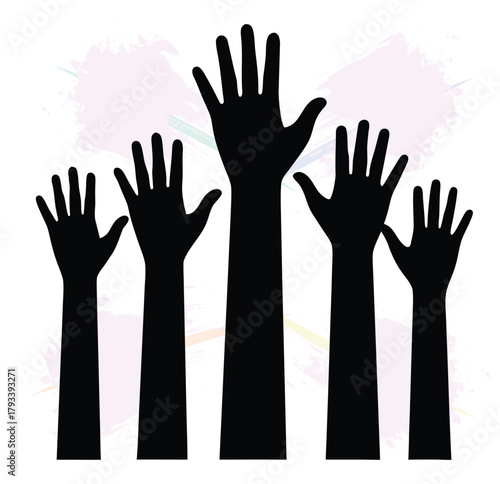 Diverse group raising hands in unity and support with a painted background design