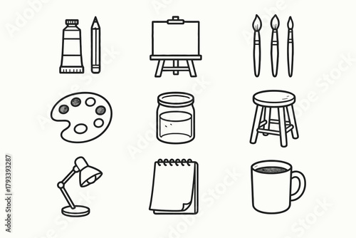 Palette canvas essentials pad watercolor mug room sketch lamp vector paint art