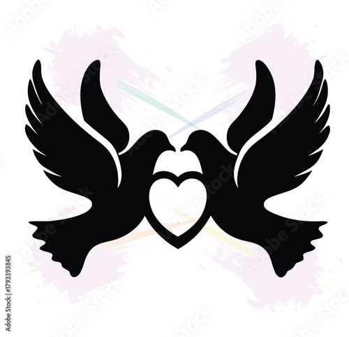 Elegant pair of doves forming a heart representing love marriage and peace in monochrome vector illustration