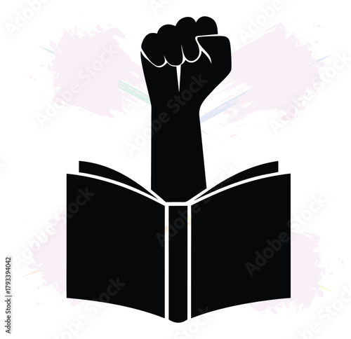 Empowerment through education with a raised fist emerging from an open book illustration