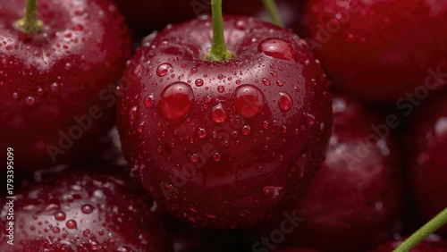 Fresh cherries with water droplets on their surface, close-up. Fruit, summer, and freshness concept. Juicy and ripe cherries.