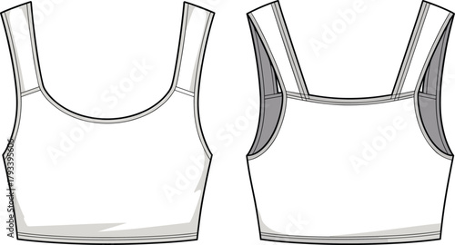 Technical flat fashion cad sketch of women seamless sports bra crop tank top with scoop neck and clean binding detail front and back