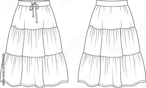 Tiered ruffle long skirt front and back technical fashion flat with elastic waist and drawcord detail for apparel template, cad drawing flat vector illustration