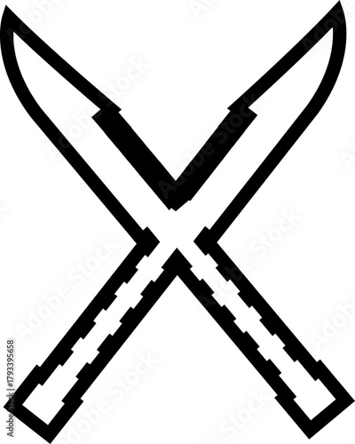Crossed Knife and Sword Icon Combat Blade, Dagger, and Weapon Symbol Sharp Metal Cutter, Battle Knife, Military Armory, and Steel Equipment Vector in Black Color Line Style