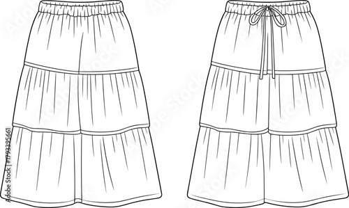 Tiered ruffle skirt technical fashion flat front and back elastic waist drawstring boho summer womenswear apparel template