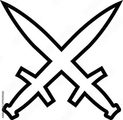 Crossed Knife and Sword Icon Combat Blade, Dagger, and Weapon Symbol Sharp Metal Cutter, Battle Knife, Military Armory, and Steel Equipment Vector in Black Color Line Style