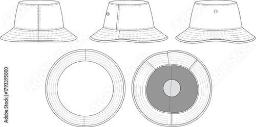 Trendy CAD streetwear flat vector illustration, bucket hat technical drawing, modern fashion accessory design, unisex headwear template