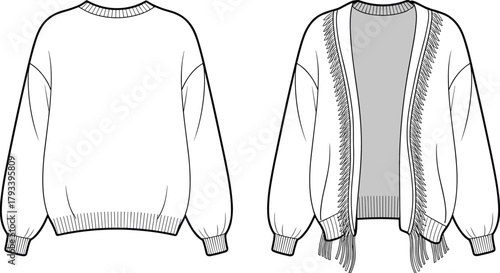 Trendy CAD streetwear flat vector illustration, cozy cardigan and sweater technical drawing, modern fashion apparel template