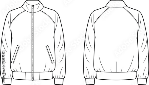 Technical CAD drawing flat vector illustration of zip front bomber jacket with rib hem cuffs raglan sleeve and slanted welt pockets front and back