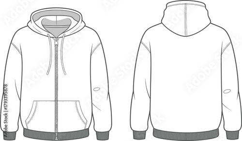 Technical fashion CAD drawing flat vector illustration of men’s zip up hoodie sweatshirt with kangaroo pocket, rib cuff and hem front and back