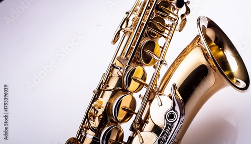 shiny golden saxophone detail on white background close up