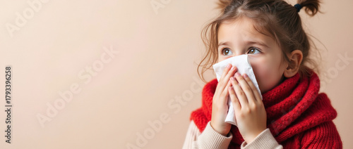 A young girl sneezing into a tissue, wrapped in a cozy red scarf. Neutral beige background. Concept of cold, flu, and seasonal health. Copy space.