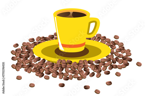 Yellow coffee cup with beans on white background