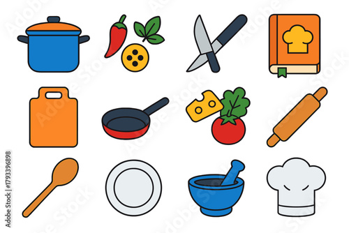 Culinary Icon Set. Flat vector icons of Culinary Traditions: Cooking Pot, Spices, Knife, Cutting Board, Pan, Recipe Book, Rolling