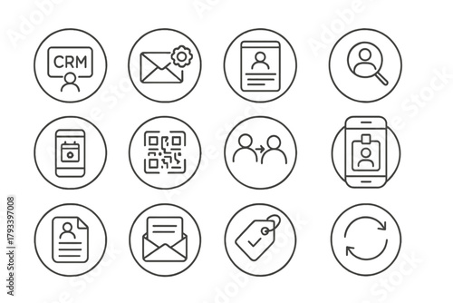 Networking Tools Icons. Line style round icons of networking tools: CRM icon, email automation, contact form, profile scanner;