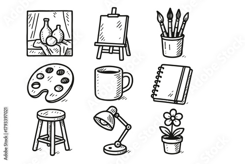 Stool room still palette easel life icon brushes sketchbook studio vector art