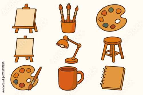 Easel warm lamp brushes canvas stool notebook room vector icons art setup