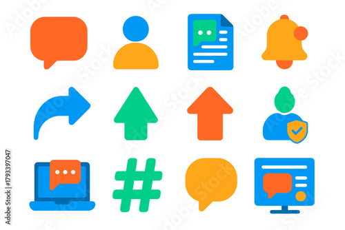 Flat Forum Icons. Flat vector icons of Online Forums: Speech Bubble, User Avatar, Thread, Reply Icon, Upvote, Downvote,