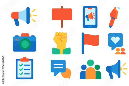 Activism Tools Icons. Flat vector icons of activism tools: megaphone, banner, clipboard, smartphone, camera, protest icon, flag,
