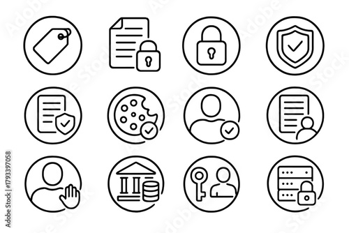 Data Protection Icons. Line style round icons of data protection law: data privacy tag, encrypted file, lock symbol, compliance