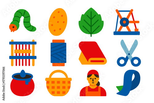 Silk Production Icons. Flat vector icons of Silk Production: Silkworm, Cocoon, Mulberry Leaf, Spinning Reel, Loom, Thread, Fabric