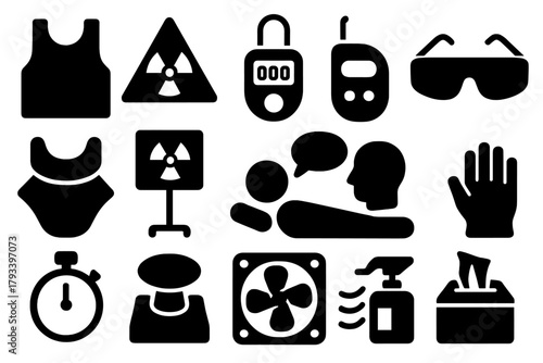 Radiology Safety Icons. Solid style icons of radiology safety: lead vest, radiation warning sign, dosimeter, eye protection,