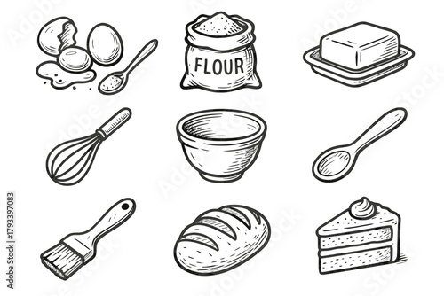 Icon whisk sack bowl ingredients baking bakery dish vector loaf bread set