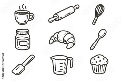 Measuring icons tools rolling pin vector morning icon croissant bakery jar cup