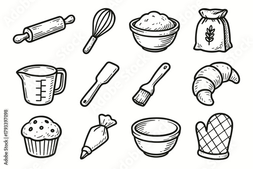Pastry whisk bowl bakery vector rolling cup brush piping flour icon set