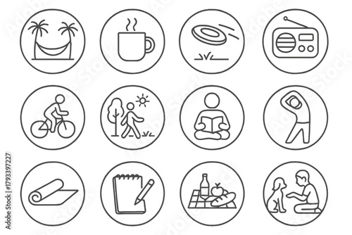 Weekend Leisure Icons. Line style round icons of weekend leisure: hammock, coffee mug, frisbee, radio; bike ride, nature walk,