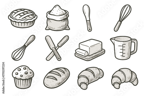 Cup baking icons vector bag croissant dessert whisk flour tabletop bakery icon
